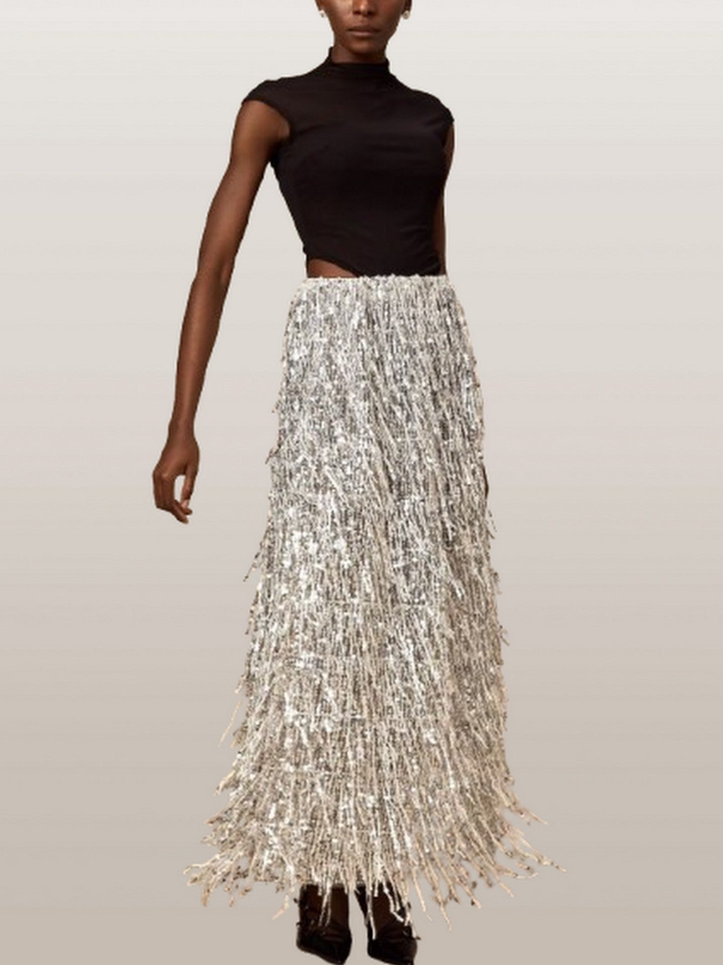 Black Corset Style Top and Tassel Sequin Skirt - Suits & Sets