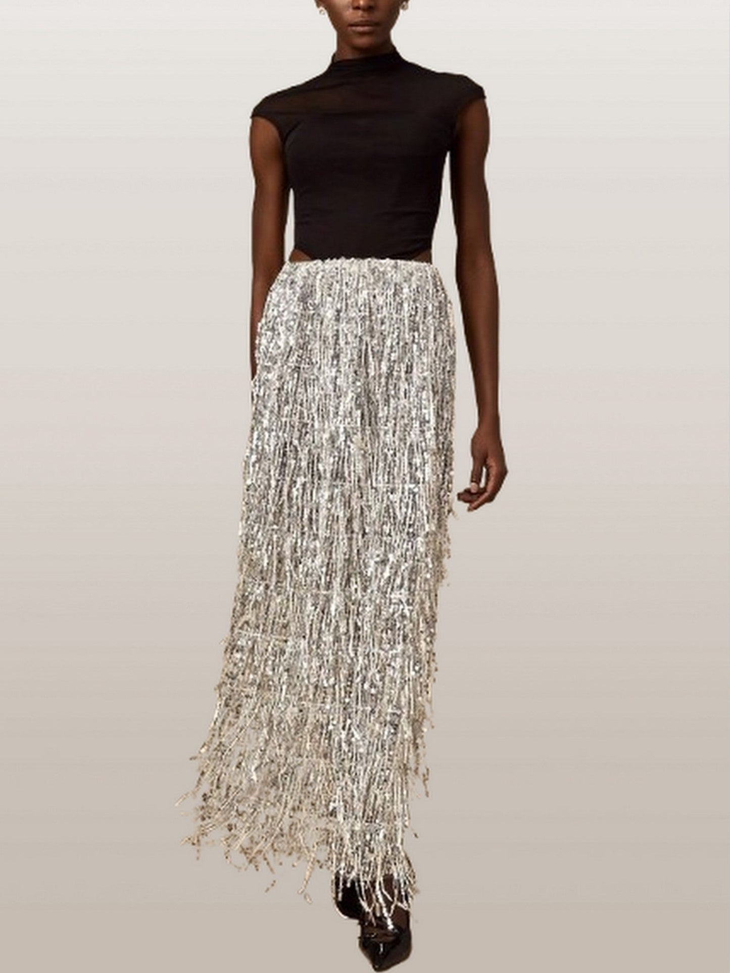 Black Corset Style Top and Tassel Sequin Skirt - Suits & Sets