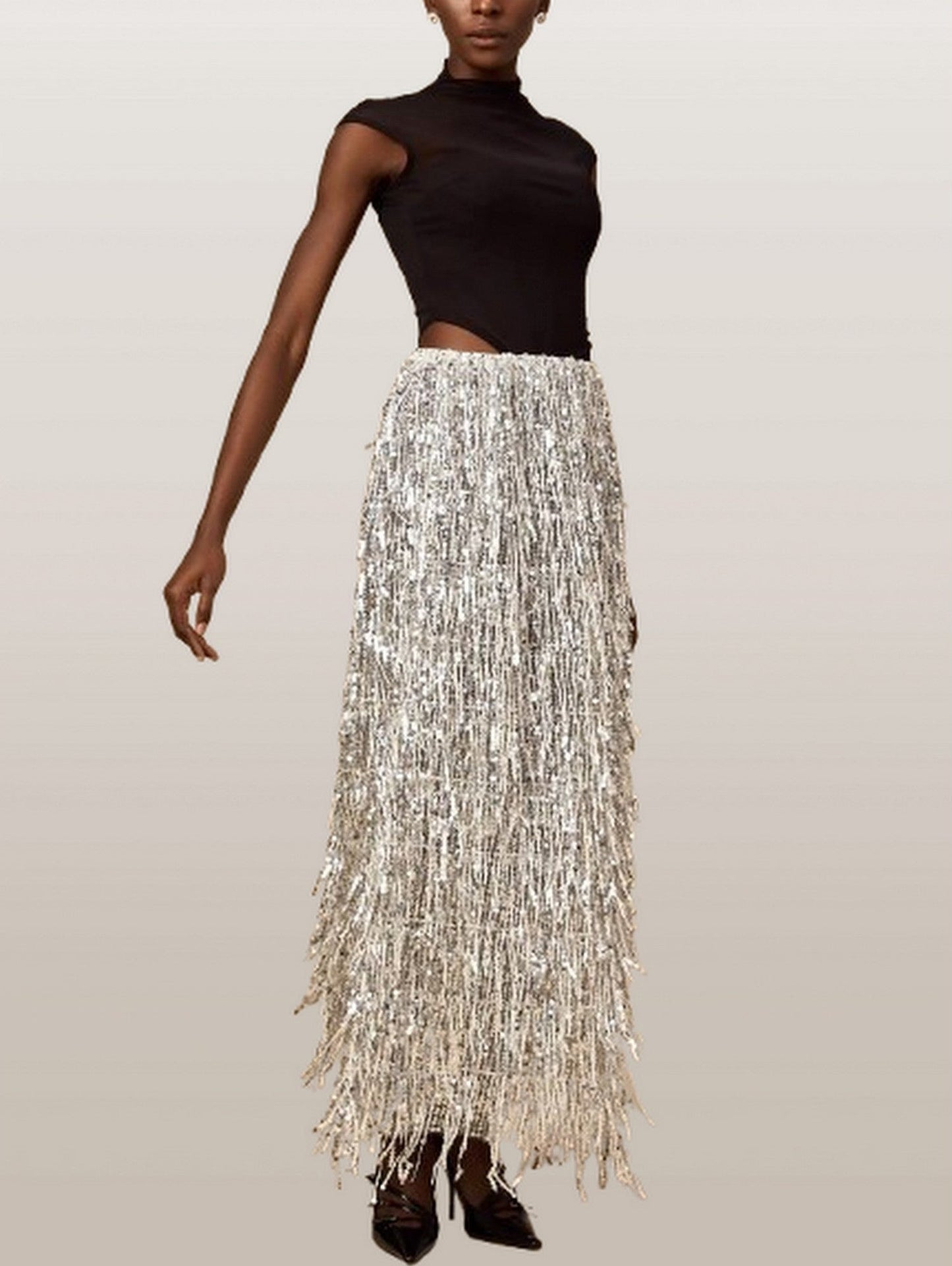 Black Corset Style Top and Tassel Sequin Skirt - Suits & Sets