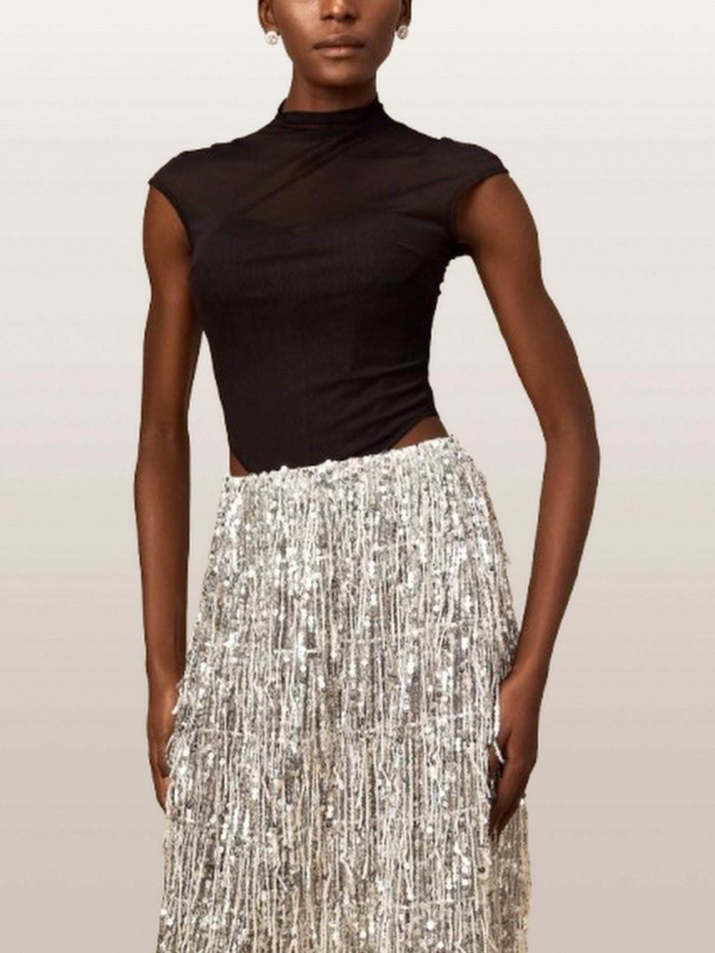 Black Corset Style Top and Tassel Sequin Skirt - Suits & Sets