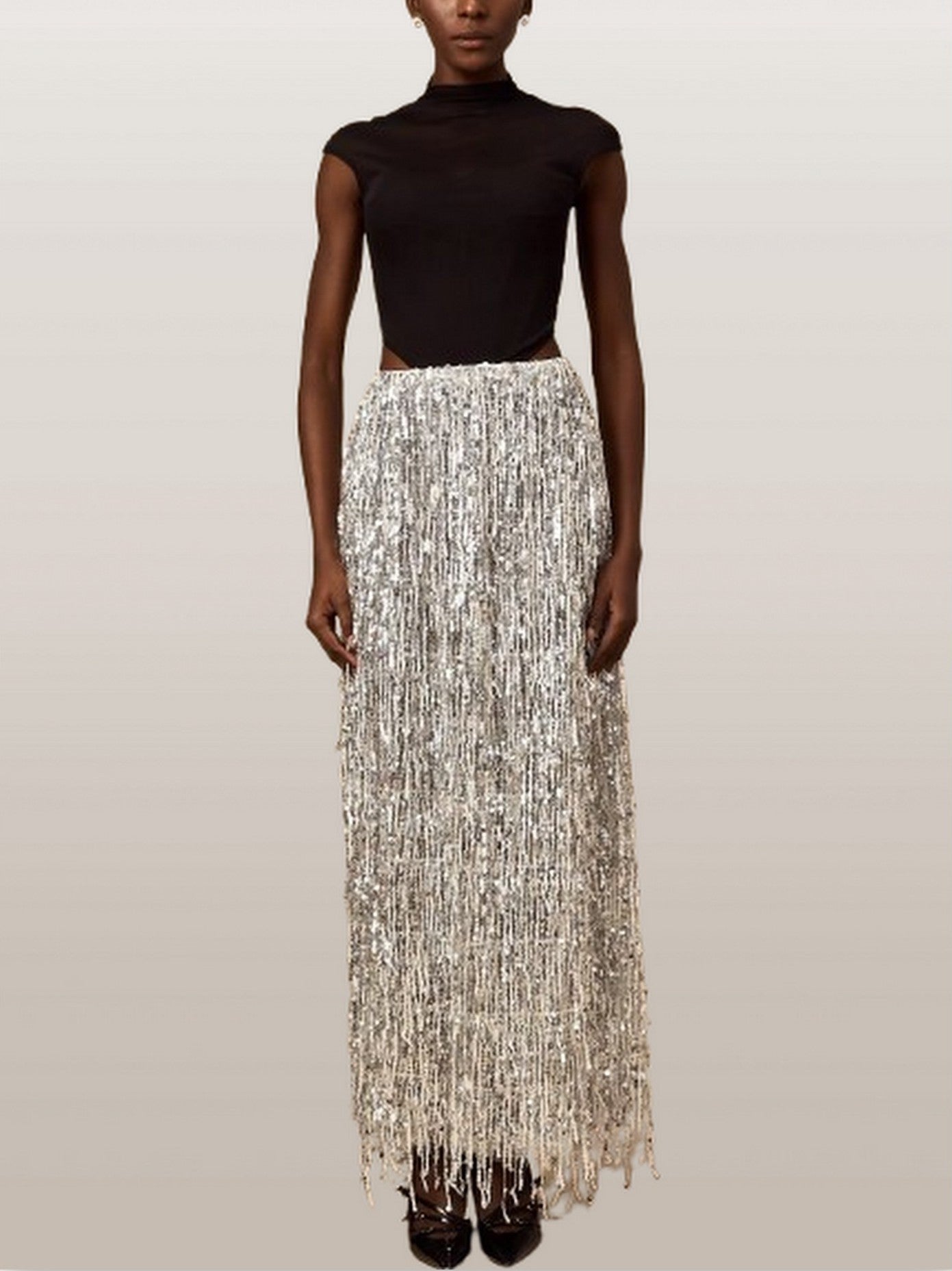 Black Corset Style Top and Tassel Sequin Skirt - Suits & Sets