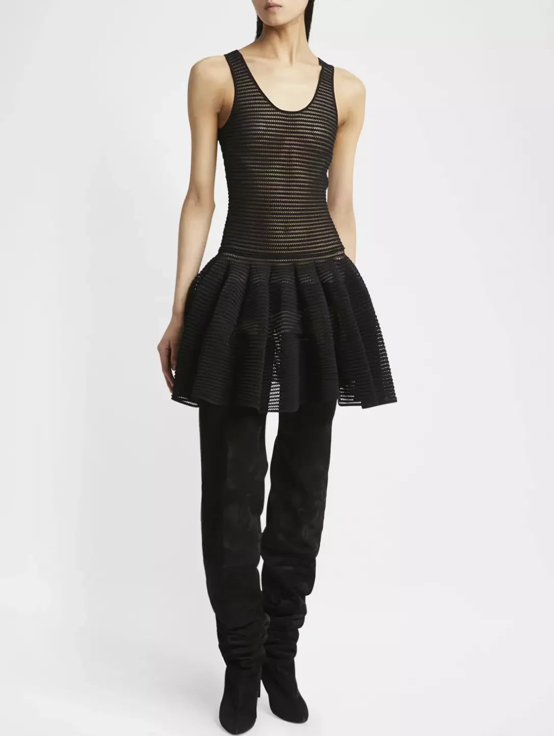 Black Crinoline Knit Dress with Under Slip featuring a knit tank top and pleated skirt