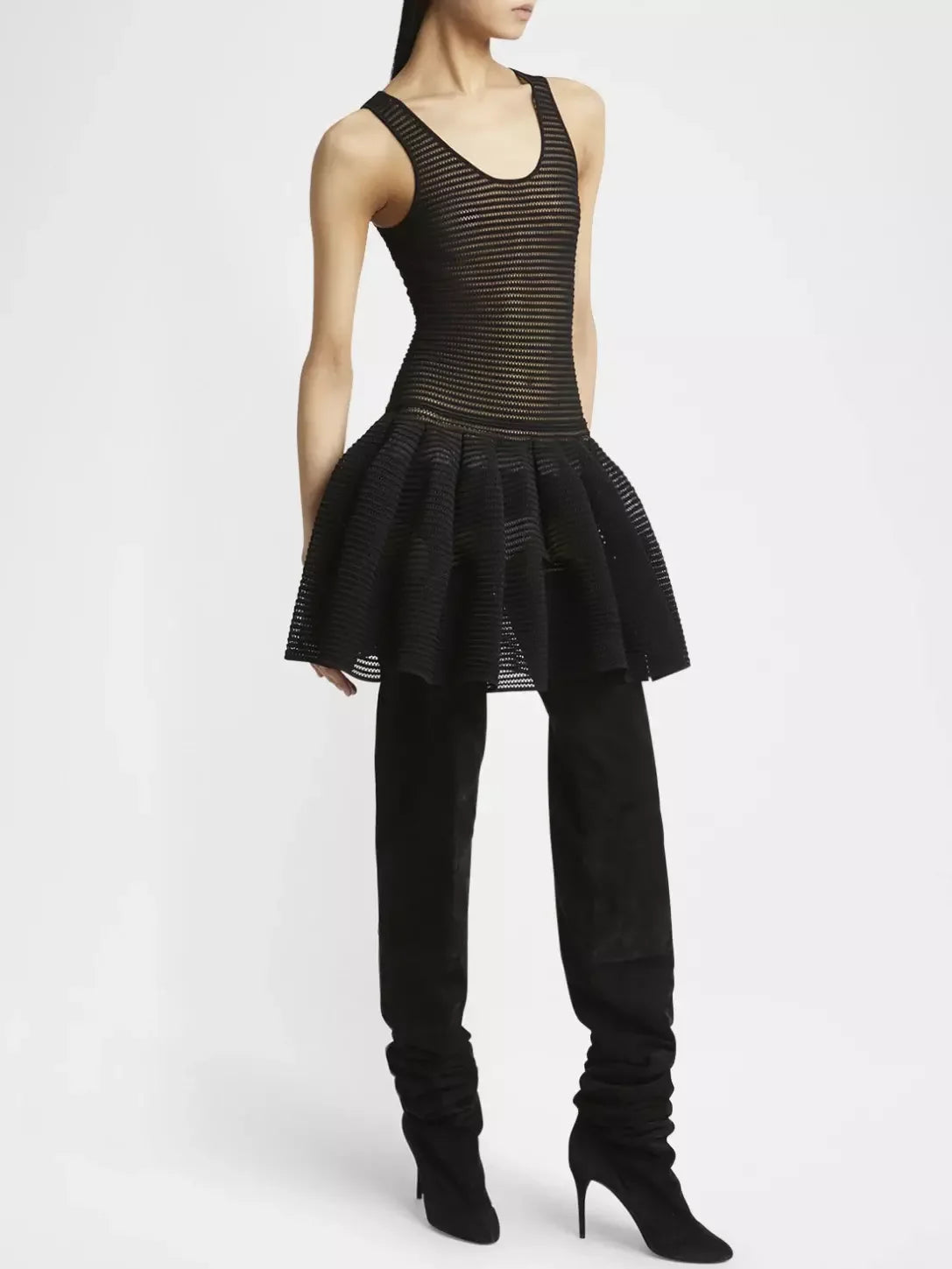 Black Crinoline Knit Dress with Under Slip featuring a knit tank top and pleated skirt