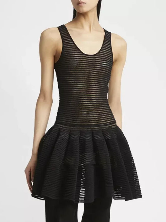 Black Crinoline Knit Dress with Under Slip featuring a black knit tank top and pleated skirt