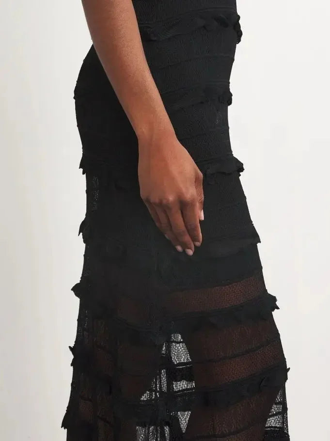 Black Crochet Long Knit Tiered Sleeveless Dress - Dresses