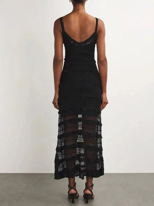 Black Crochet Long Knit Tiered Sleeveless Dress - Dresses
