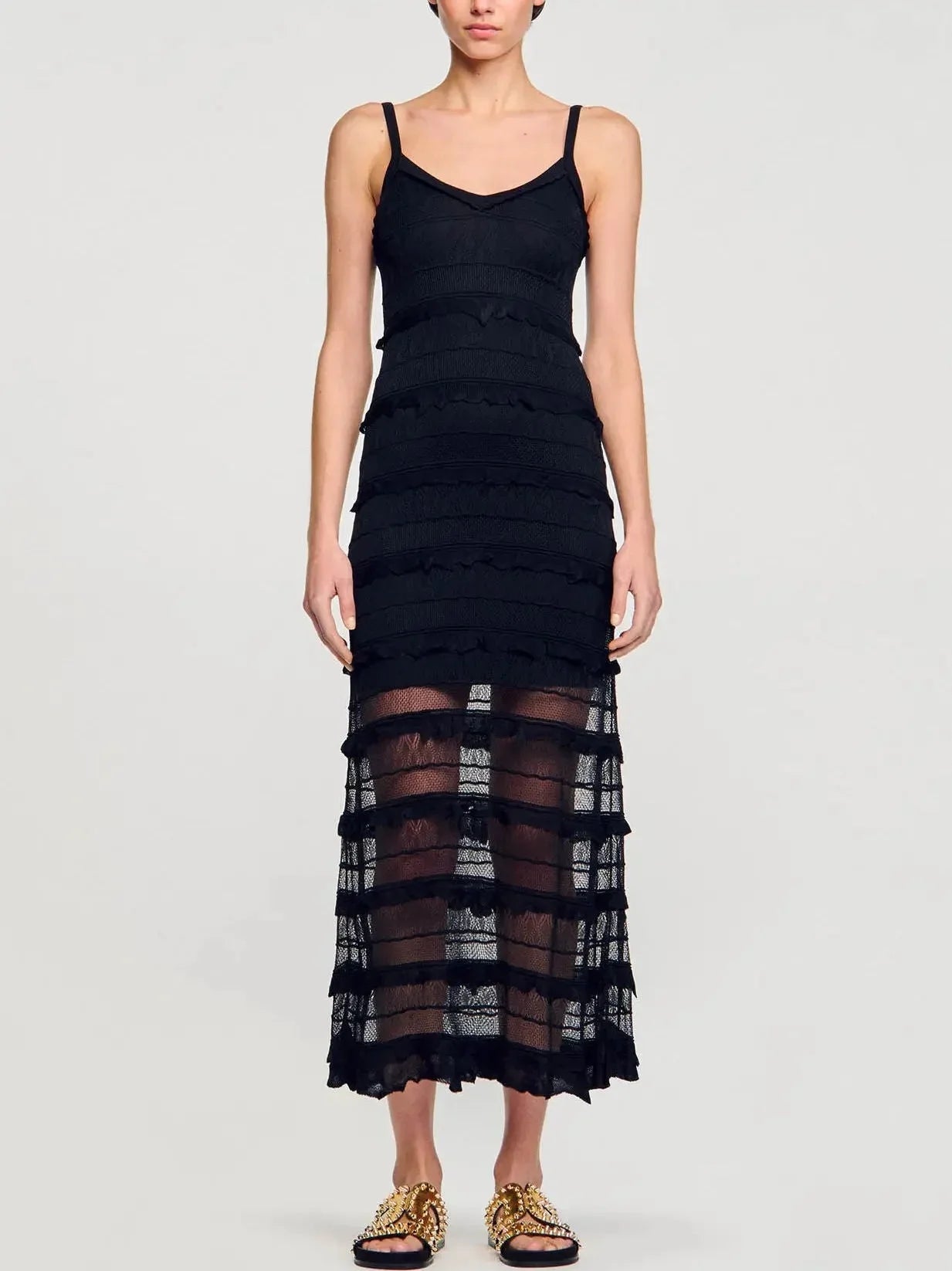 Black Crochet Long Knit Tiered Sleeveless Dress - Dresses