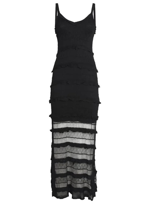 Black Crochet Long Knit Tiered Sleeveless Dress - Dresses