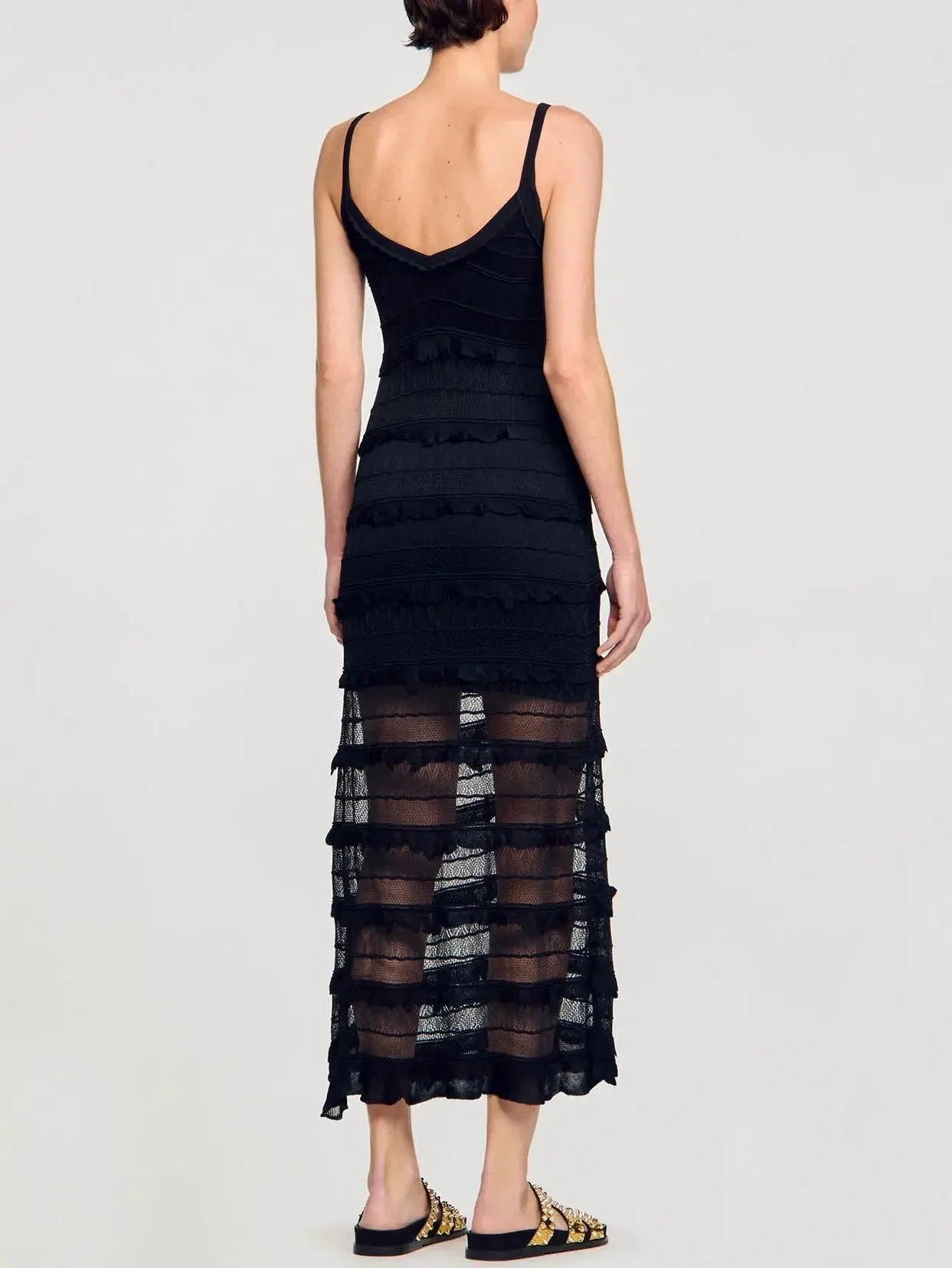 Black Crochet Long Knit Tiered Sleeveless Dress - Dresses