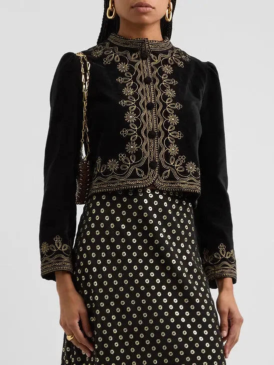 Black Cropped Velvet Jacket with Gold Embroidery - Jackets