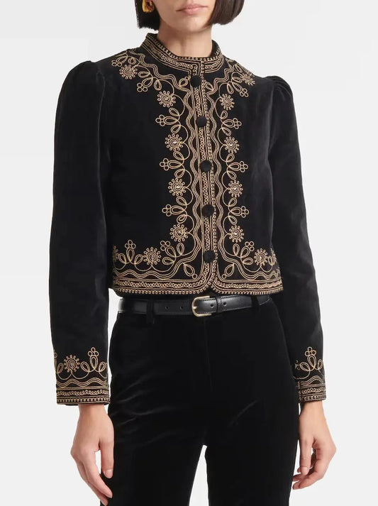 Black Cropped Velvet Jacket with Gold Embroidery - Jackets