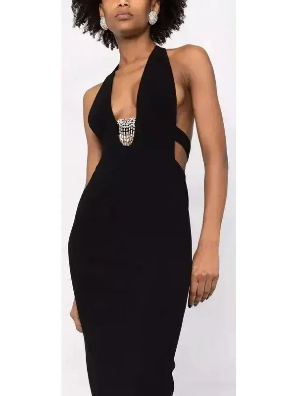 Black Crystal-Embellished Halterneck Dress - Dresses