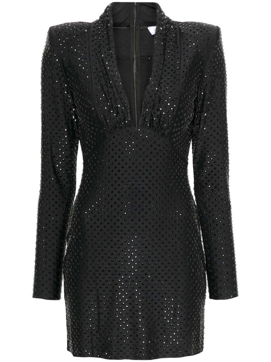 Black Crystal-Embellished Jersey V-Neck Mini Dress - Dresses
