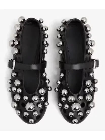 Black Cut-Out Leather Ballets Flats with Metal Spheres - Footwear