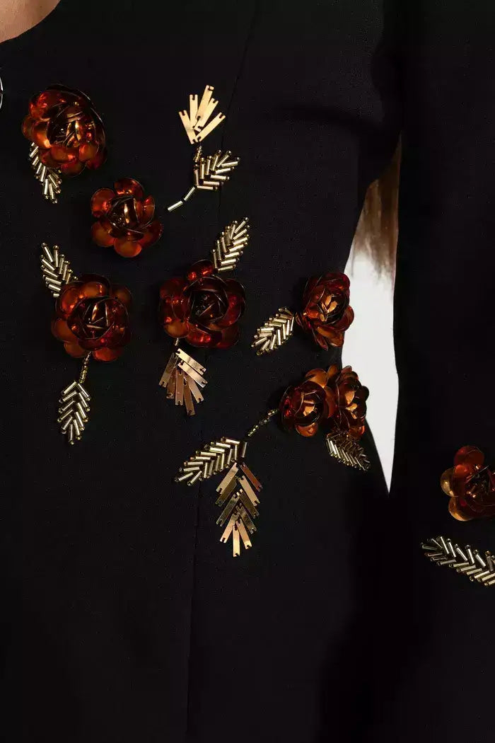 Black Deep V Embellished Floral Blazer Top - Jackets