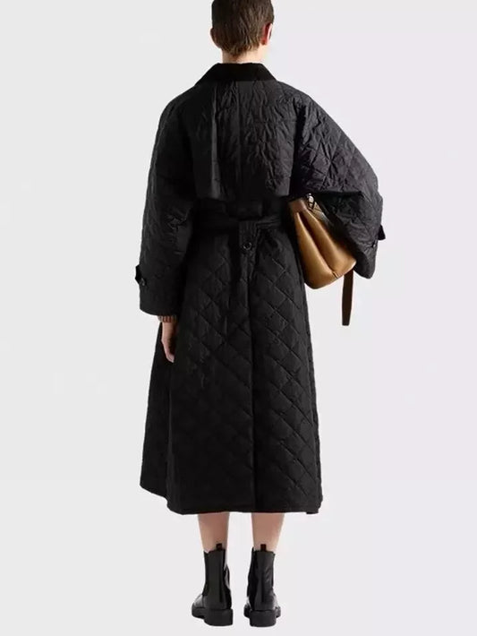 Black Diamond Quilting Belted Trench Coat - Coats