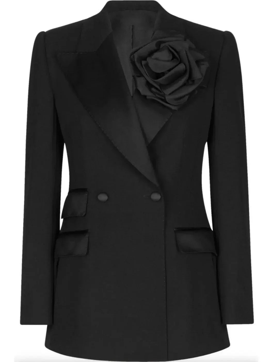 Black Double-Breasted Flower-Applique Blazer Jacket - Jackets