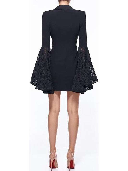 Black Double-Breasted Lace-Sleeve Blazer Dress - Dresses