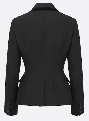 Black Double-Breasted Velvet-Trim Blazer - Jackets
