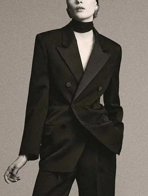 Black Double-Breasted Wool-Blend Blazer with Satin Trim - Jackets