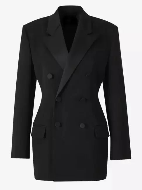 Black Double-Breasted Wool-Blend Blazer with Satin Trim - Jackets