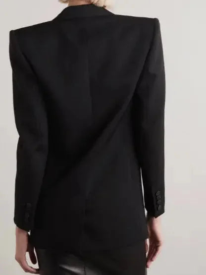 Black Double-Breasted Wool-Blend Blazer with Satin Trim - Jackets