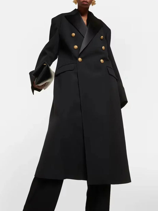 Black Double-Breasted Wool-Blend Coat with Gold Buttons - Coats