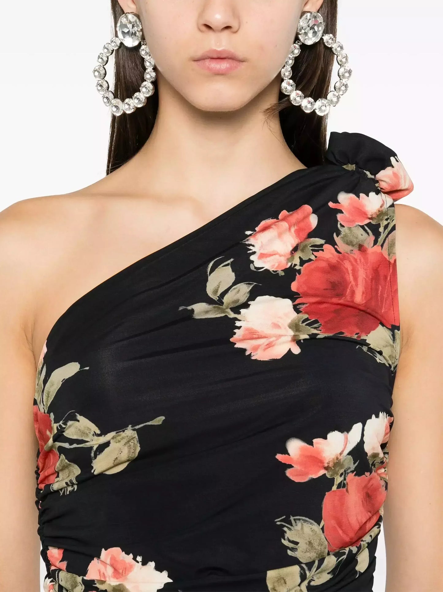 Black Draped Floral Print One-Shoulder Top - Tops