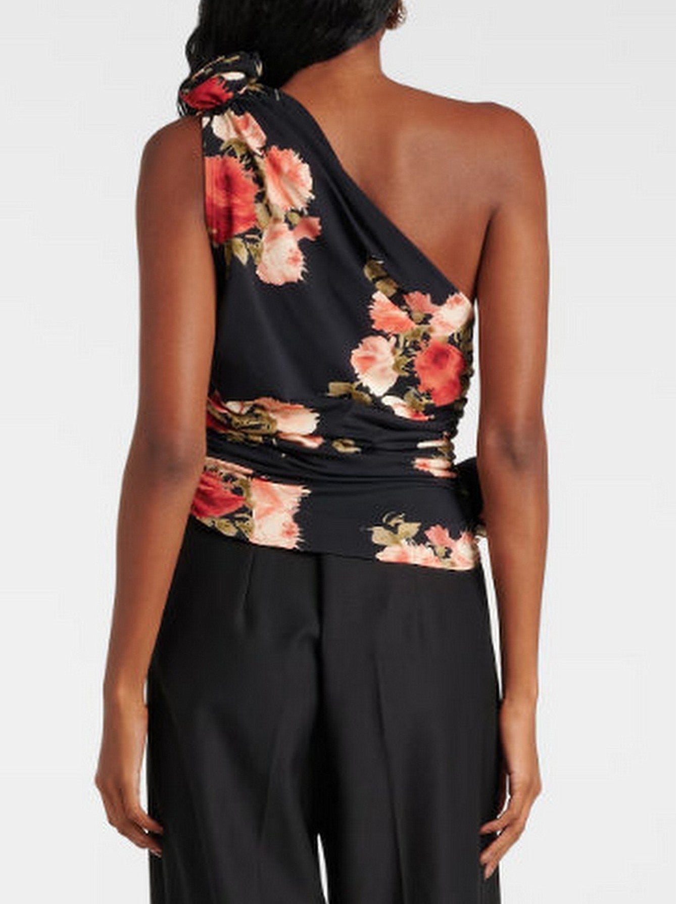 Black Draped Floral Print One-Shoulder Top - Tops