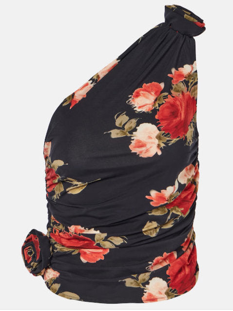 Black Draped Floral Print One-Shoulder Top - Tops