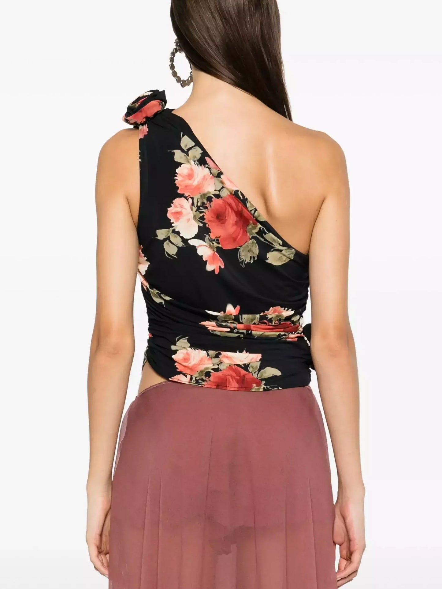 Black Draped Floral Print One-Shoulder Top - Tops