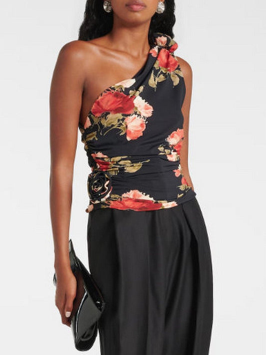Black Draped Floral Print One-Shoulder Top - Tops