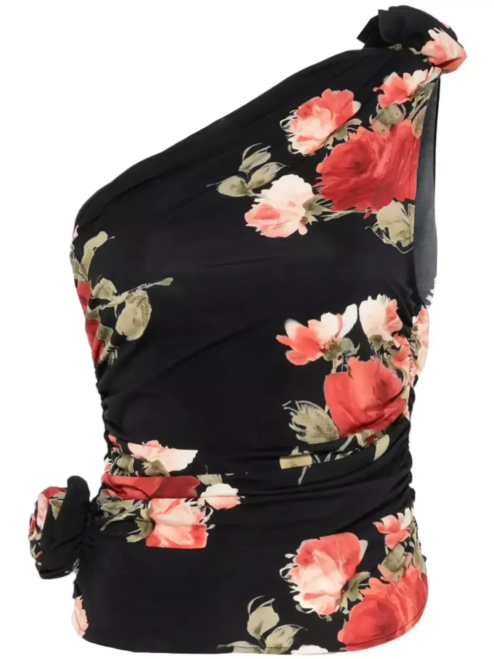 Black Draped Floral Print One-Shoulder Top - Small - Tops