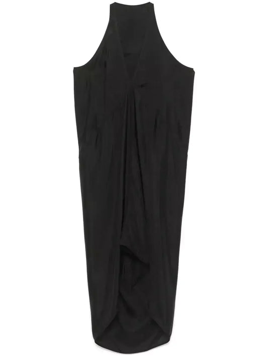 Black Draped V-Neck Sleeveless Midi Dress - Dresses