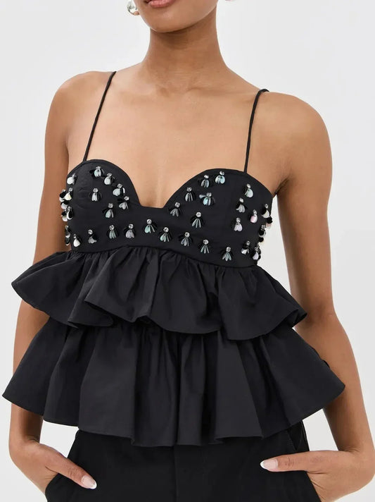 Black Embellished Tiered Peplum Camisole Top - Tops
