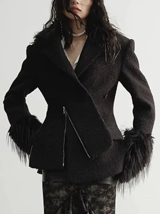 Black Faux Fur-Trim Zip- Placket Jacket - Jackets