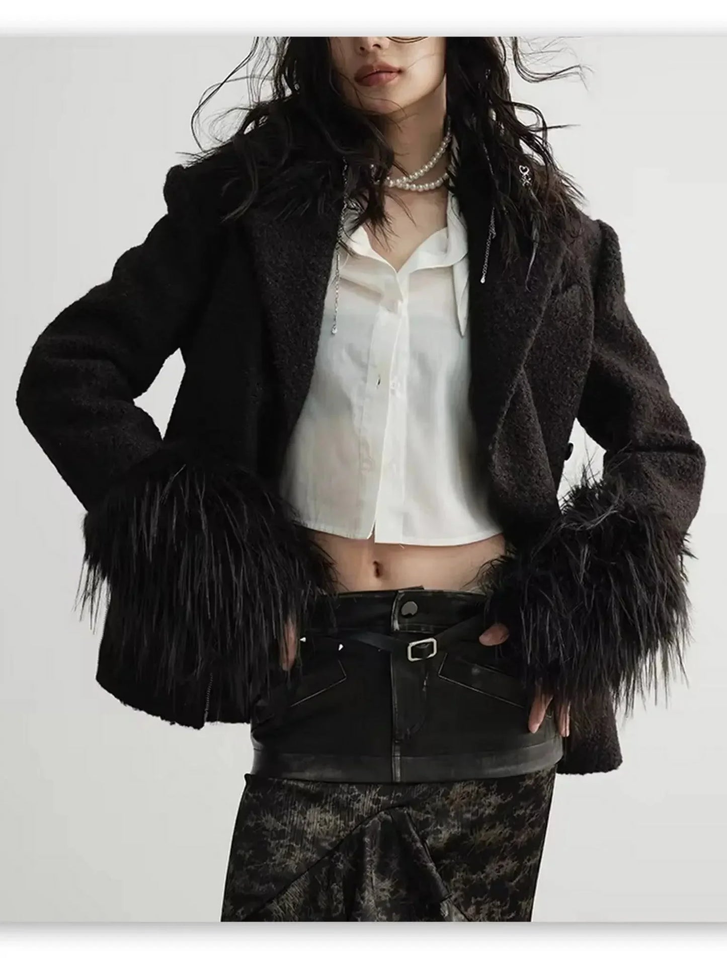 Black Faux Fur-Trim Zip- Placket Jacket - Jackets