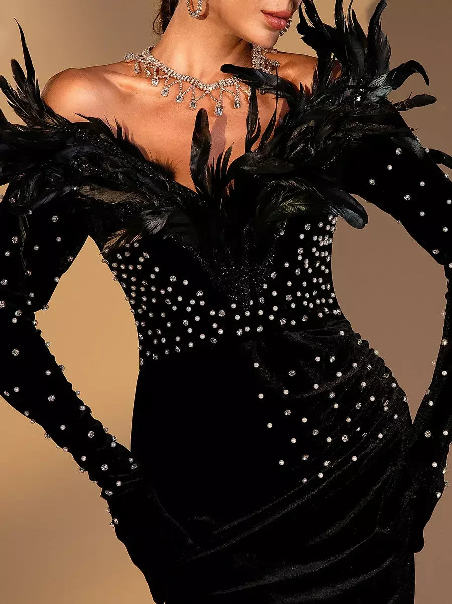 Black Feather and Velvet Gown with Pearl and Rhinestone Embroidery - Dresses