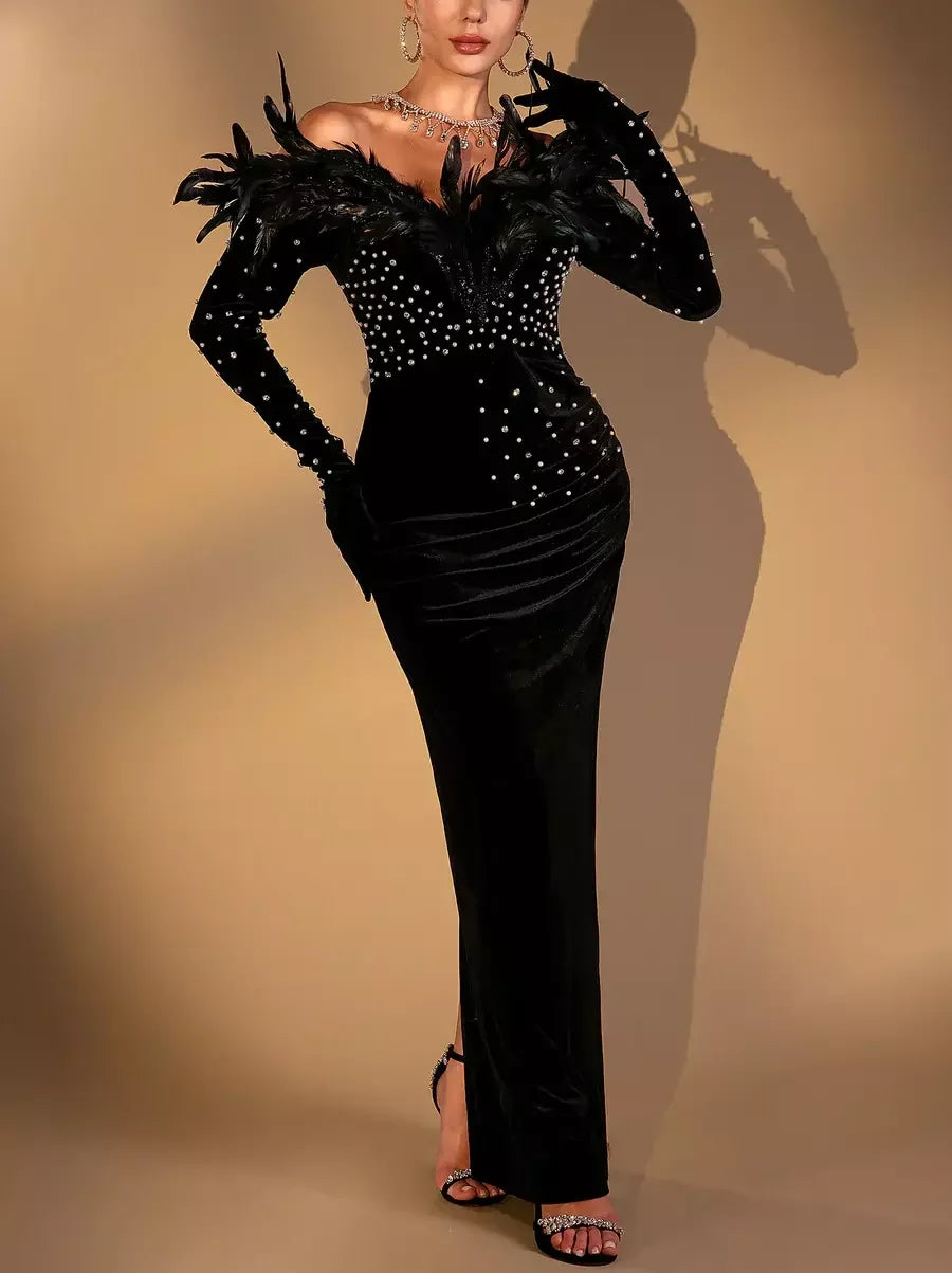 Black Feather and Velvet Gown with Pearl and Rhinestone Embroidery - Dresses