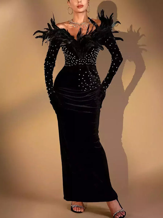 Black Feather and Velvet Gown with Pearl and Rhinestone Embroidery - Dresses