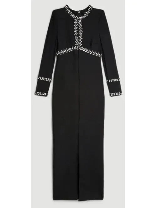 Black Fitted Crystal Embellished Long Evening Dress with Keyhole - Dresses