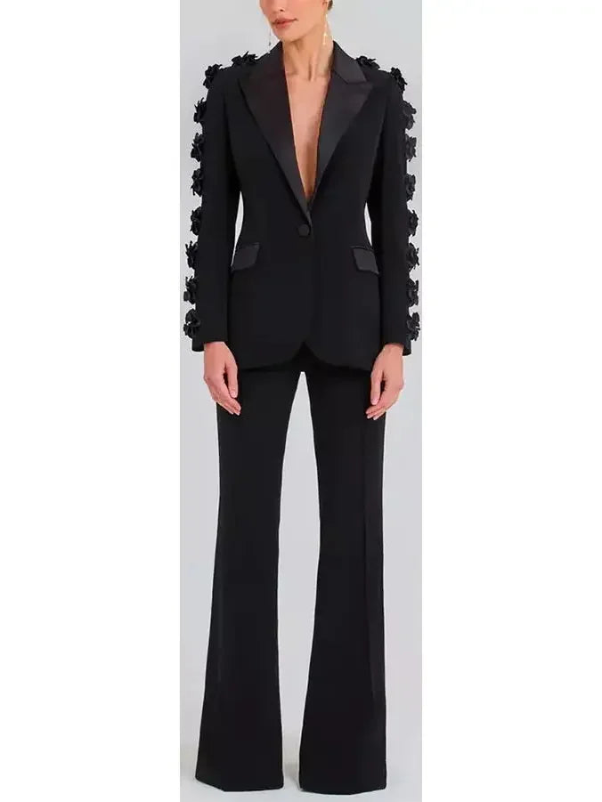 Black Floral-Applique Embellished Single-Breasted Blazer and High-Waist Pant Suit - Suits & Sets
