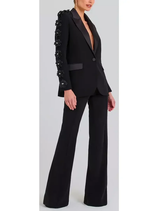 Black Floral-Applique Embellished Single-Breasted Blazer and High-Waist Pant Suit - Suits & Sets