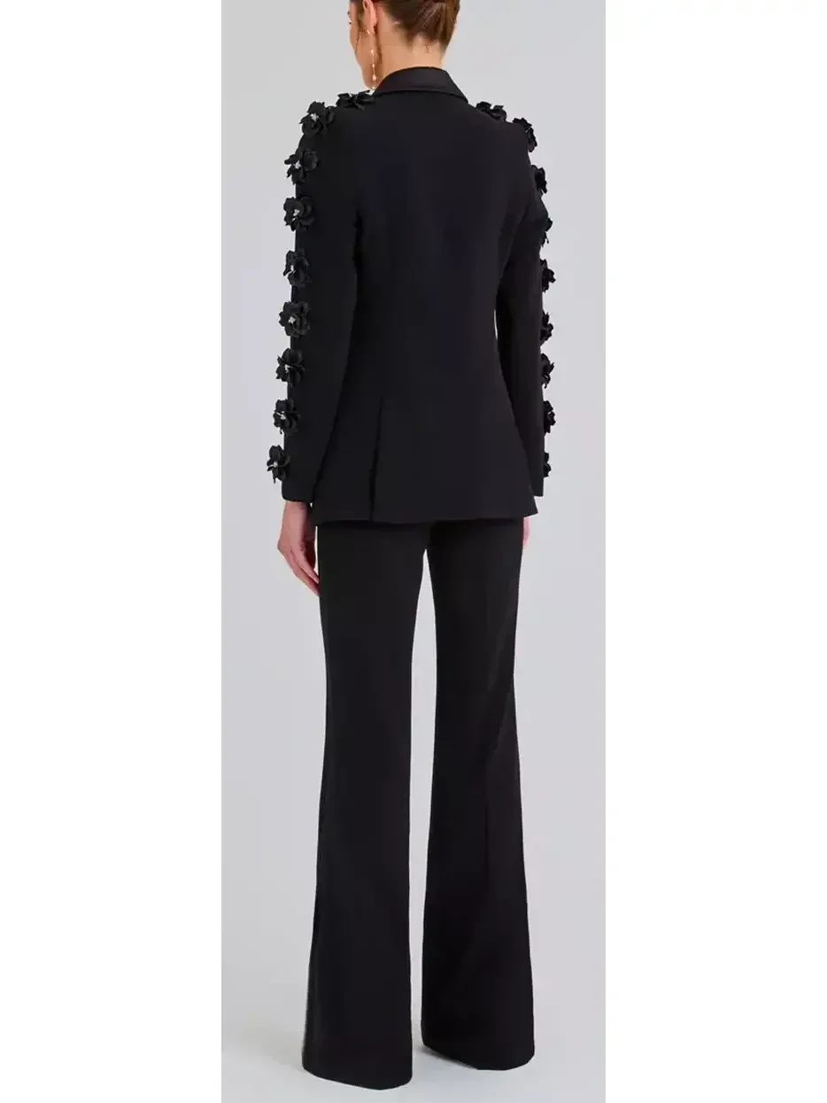 Black Floral-Applique Embellished Single-Breasted Blazer and High-Waist Pant Suit - Suits & Sets