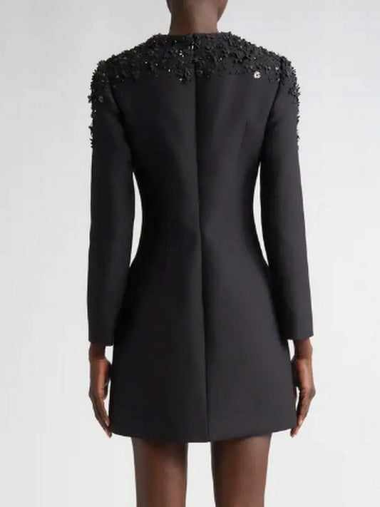 Black Floral-Appliques Long-Sleeve Mini Dress - Dresses