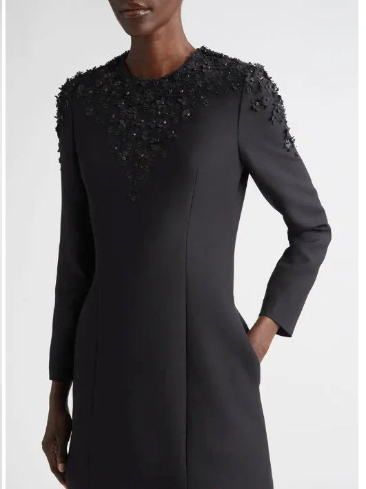 Black Floral-Appliques Long-Sleeve Mini Dress - Dresses