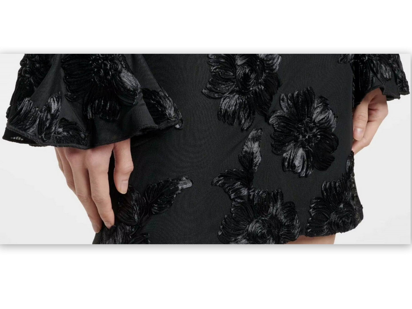 Black Floral-Embroidered Flared-Cuff Mini Dress showcased on a stylish mannequin