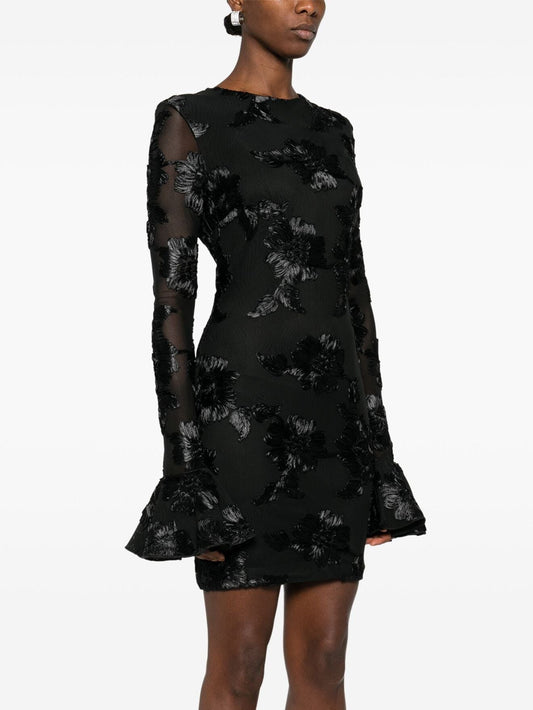 Black floral-embroidered flared-cuff mini dress showcasing elegant floral patterns