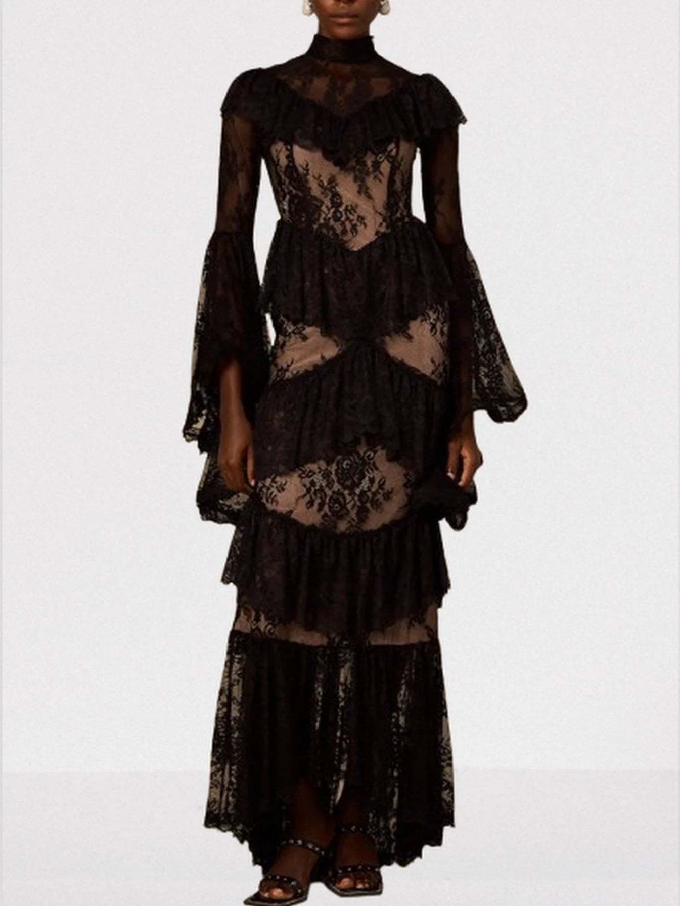 Black Floral Lace Tiered Maxi Dress - Dresses