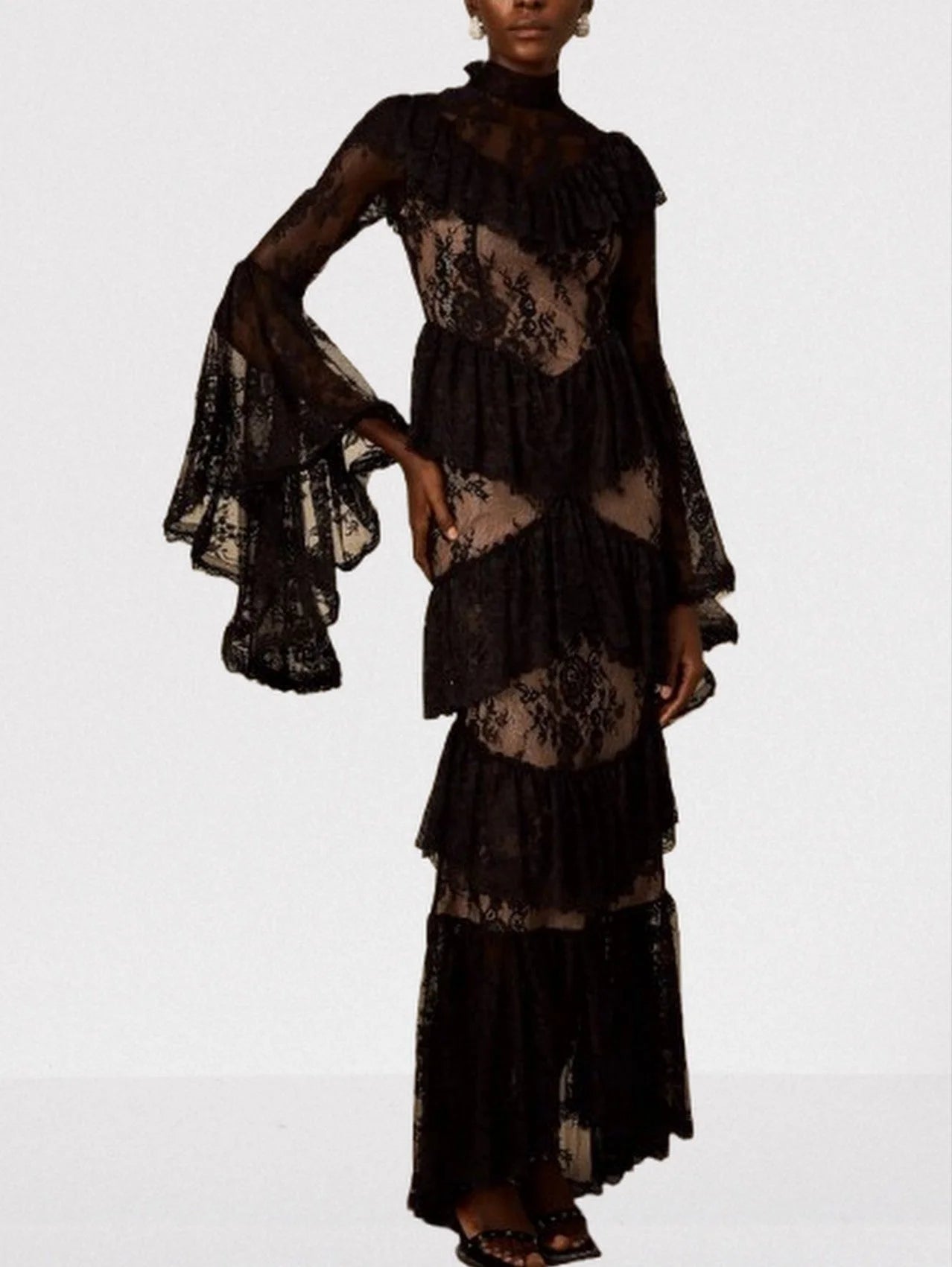 Black Floral Lace Tiered Maxi Dress - Dresses